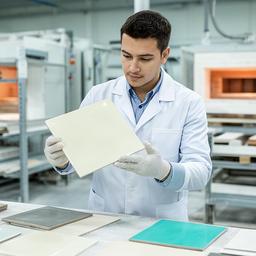 Responsabile qualità mentre controlla una piastrella smaltata in stabilimento