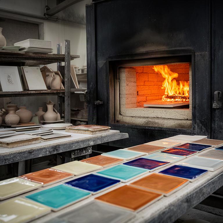 Forno tradizionale acceso accanto a piastrelle ricoperte di smalto nel laboratorio ceramico