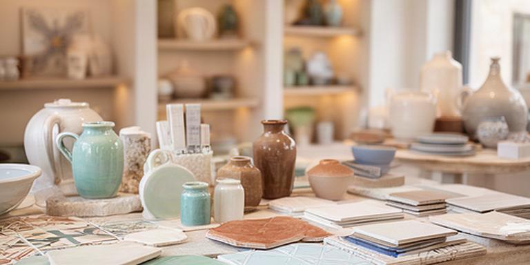 Showroom di ceramiche con piastrelle pugliesi e campioni decorativi esposti su tavoli
