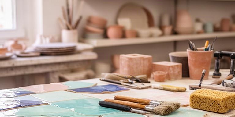 Banco di lavoro in un laboratorio ceramico pugliese con piastrelle smaltate e strumenti artigianali