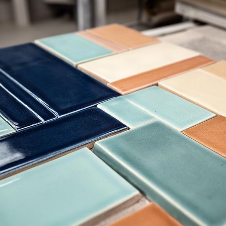 Dettaglio ravvicinato di piastrelle ceramiche blu e color sabbia disposte nel reparto di produzione