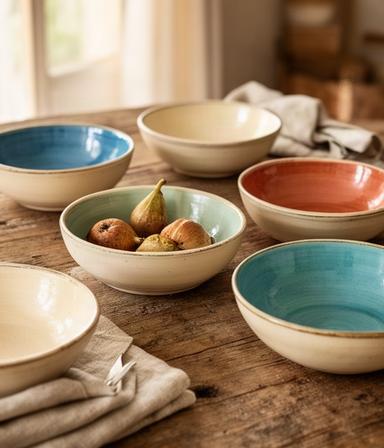 Set di ciotole ceramiche smaltate apparecchiato su un tavolo in legno