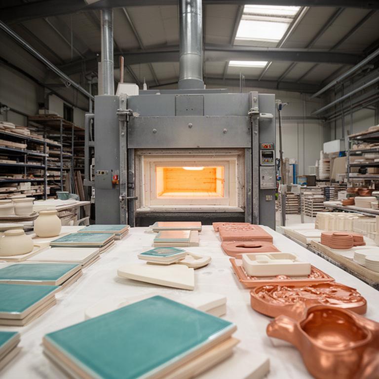 Area di produzione ceramica con forno industriale e superfici smaltate pronte per il controllo