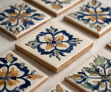Piastrelle smaltate a mano con motivo floreale blu e ocra