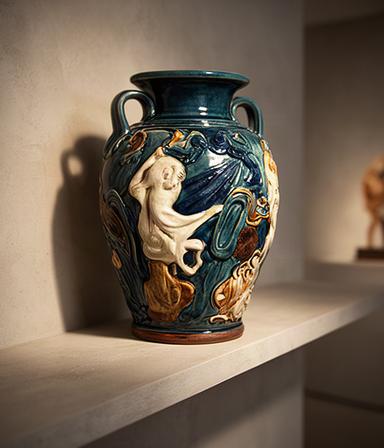 Anfora ceramica smaltata con decorazioni a rilievo su mensola