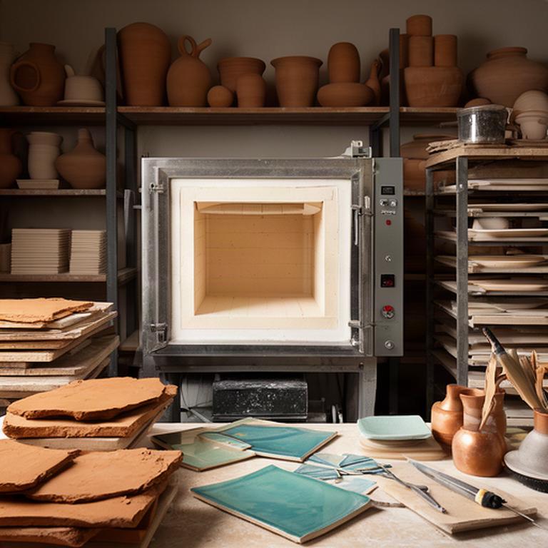 Forno ceramico professionale in un laboratorio italiano con superfici in argilla e smalti accanto