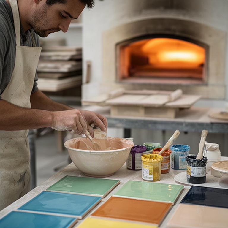 Ceramista al lavoro su smalti colorati accanto a piastrelle in cottura