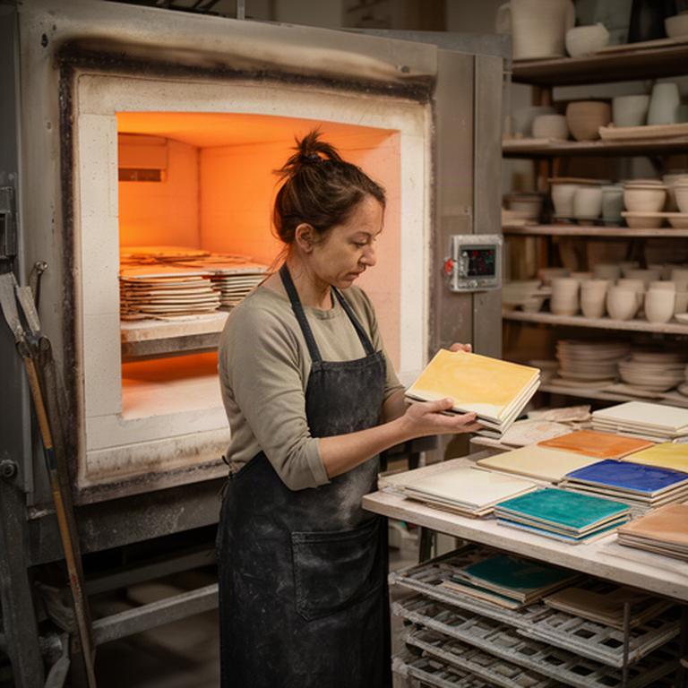 Artigiana davanti al forno ceramico mentre controlla piastrelle smaltate in laboratorio
