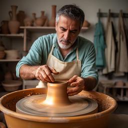Maestro ceramista di Maestria Maioliche al tornio nel laboratorio di Corato