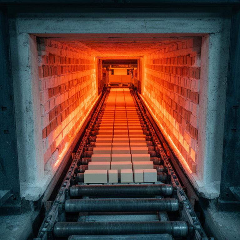 Interno di un forno a tunnel con piastrelle ceramiche in cottura